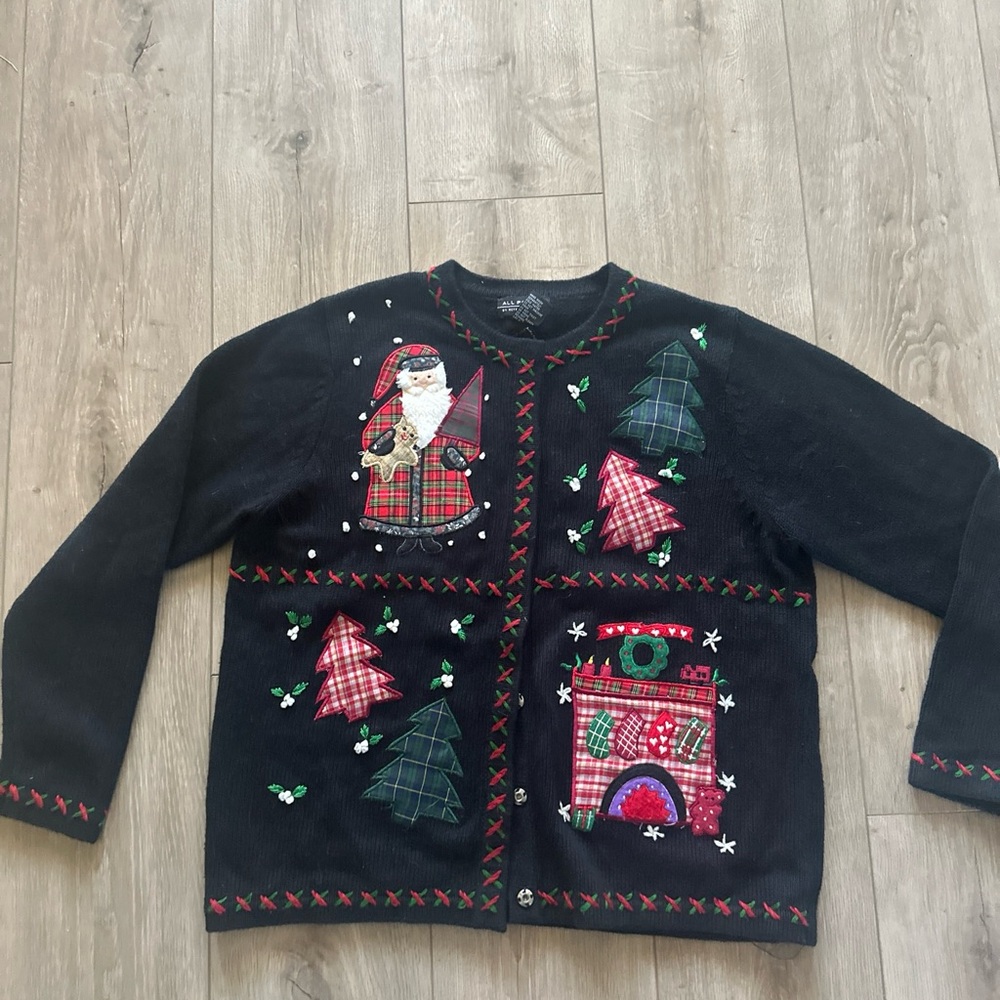 VINTAGE All Points Christmas Sweater‎ Womens Large Black Holiday Pullover 90s